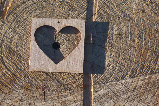 Valentine's Day Concept background with Kopyspase. Love and heart on wooden background. carving.