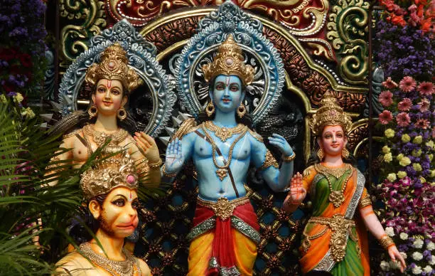 Idols of Hindu deities Sri Rama and Sita kept on transport automobile for processsion on Navami festival, Hyderabad,India.Rama Navami is a spring Hindu festival that celebrates the birthday of god Rama, important to Vaishnavism tradition of Hinduism, as the seventh avatar of Vishnu.