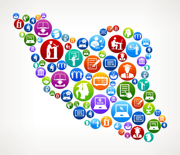 Iran E-learning and College Education Vector Button Pattern Iran E-learning and College Education Vector Button Pattern. The main image is composed with e-learning school and education buttons of various sizes and color. This vector icons are in white inside of each button and composition features such poplar educational graphics as students, college, university, e-learning, graduation cap and many more. Composition is ideal for educational conceptual illustrations. iran university of science and technology stock illustrations