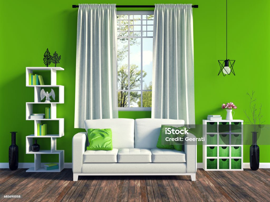 Modern green living room interior with old wood flooring Modern green living room interior with white sofa and furniture and old wood flooring, 3D rendering The Green Room Stock Photo