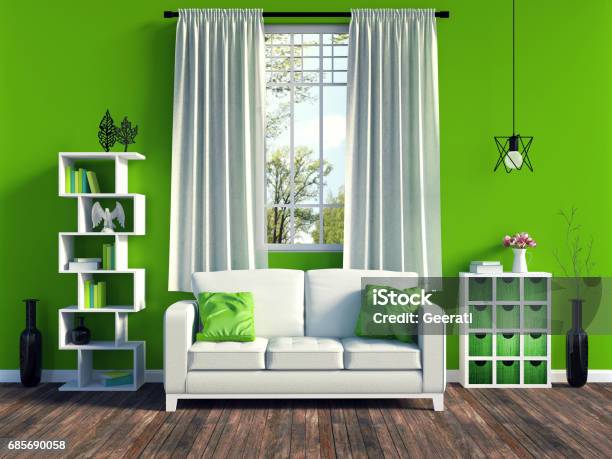 Modern Green Living Room Interior With Old Wood Flooring Stock Photo - Download Image Now
