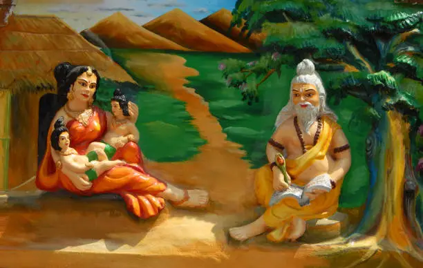 wall art of Valmiki write Hindu epic Ramayana siting in his hermitage which sheltered goddess Sita in Jagannath temple,Hyderabad,India.