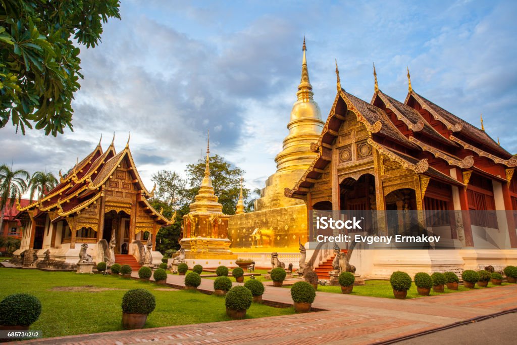Buddhist temple in Chiang Mai Wat Phra Singh Woramahaviharn. Buddhist temple in Chiang Mai, Thailand. Chiang Mai City Stock Photo