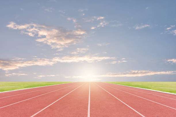 istock Athlete track or running track with sky sunset background 685735808