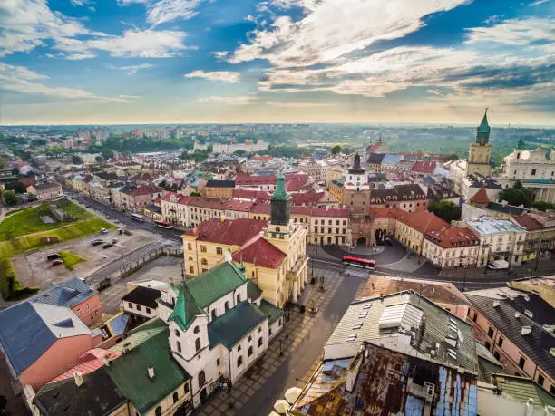 Monuments and tourist attractions of the old town of Lublin. landscape seen from a bird's eye view.  The gate Krakow, Trinitarian Tower, the cathedral.
