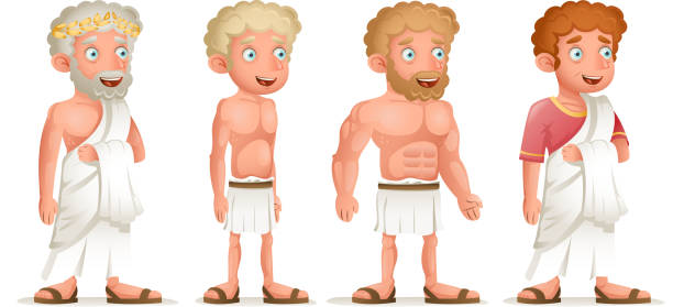 ilustrações de stock, clip art, desenhos animados e ícones de roman greek retro vintage old young toga loincloth characters icon set cartoon design vector illustration - ancient civilization audio