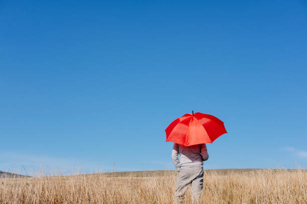 istock Man standing on a remote hillside on a sunny day with a Blue umbrella 685760108
