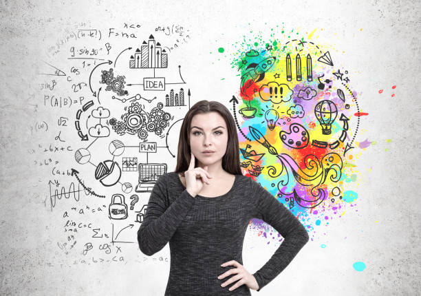 istock Pensive woman and business scheme 685761212