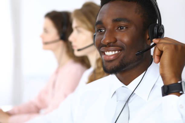 istock Call center operators. African american businessman in headset. 685762966