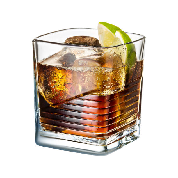 alcohol cocktail  lime whiskey cola  with ice on white background