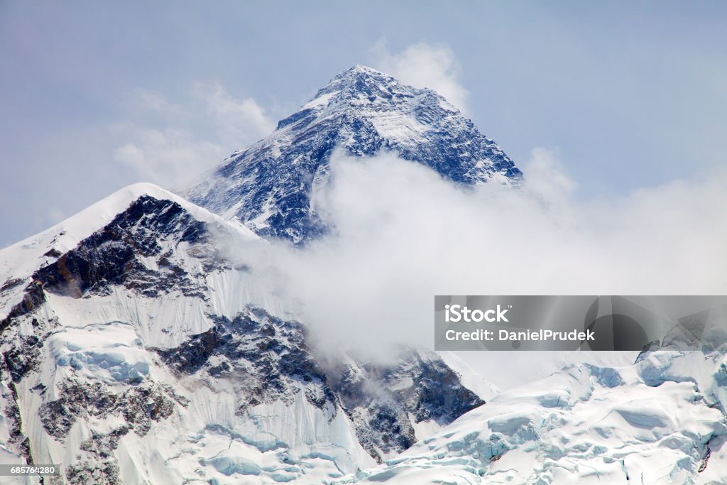 View of top of Mount Everest from Kala Patthar Mount Everest. View of top of Mount Everest with clouds from Kala Patthar way to mount Everest base camp, Everest area, khumbu valley - Nepal Asia Stock Photo