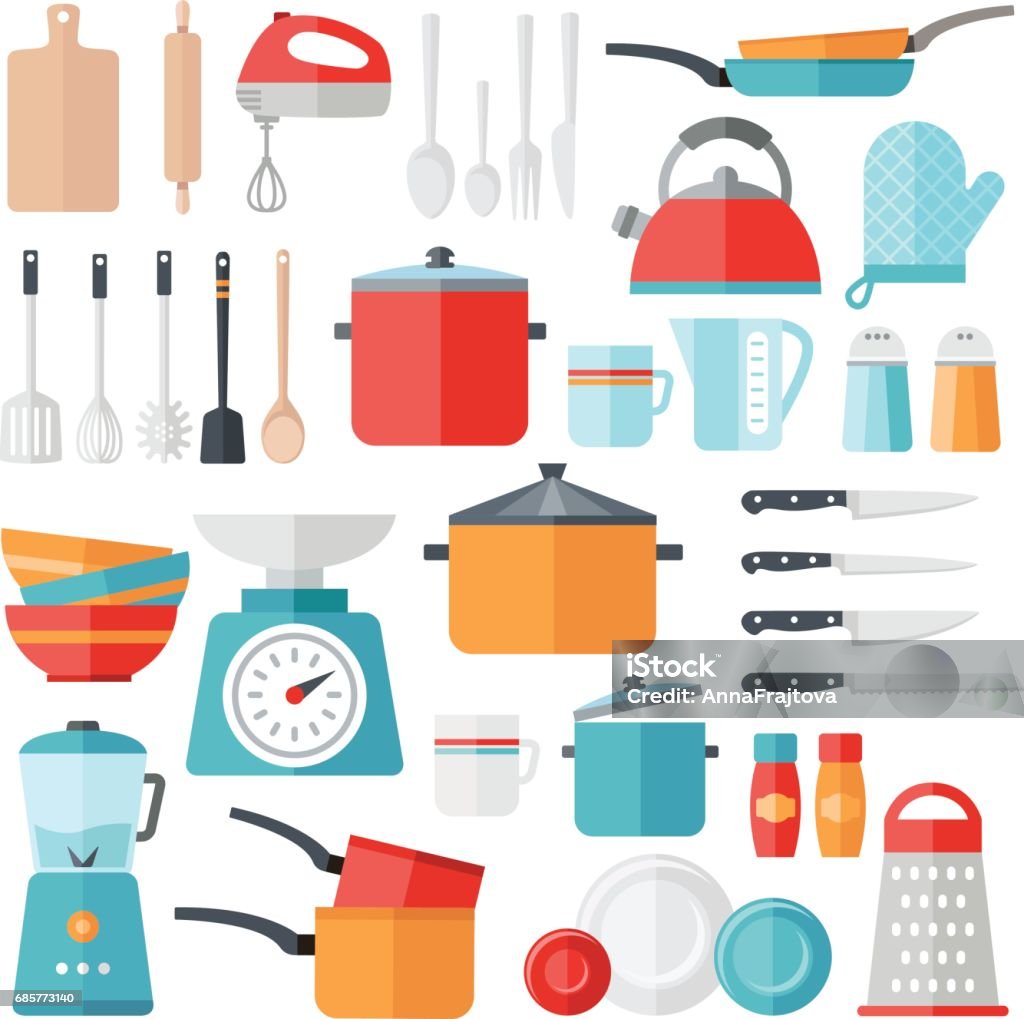 Kitchen Icons Collection - Flat Design Collection of vector icons symbolizing kitchen equipment, food, cooking. Modern flat design style. Both for print and web design. Fork stock vector