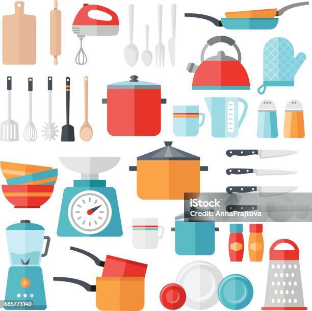 Kitchen Icons Collection Flat Design Stock Illustration - Download Image Now - Fork, Kitchen Knife, Plate