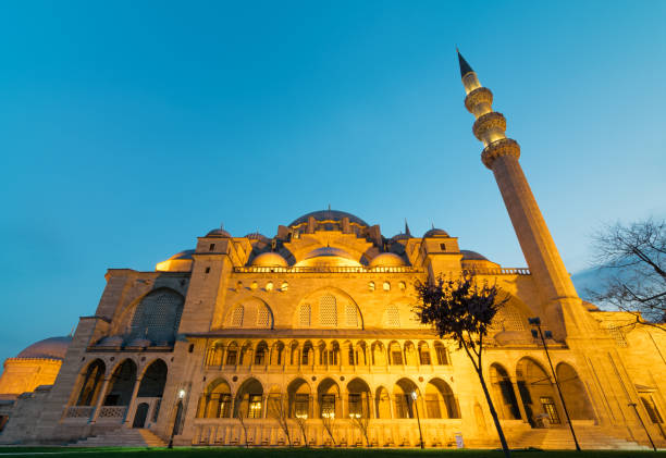 tir de nuit extérieur faible angle de la mosquée de suleymaniye, une mosquée impériale ottomane située à istanbul, turquie - istanbul surrounding wall suleymanie mosque turkey photos et images de collection
