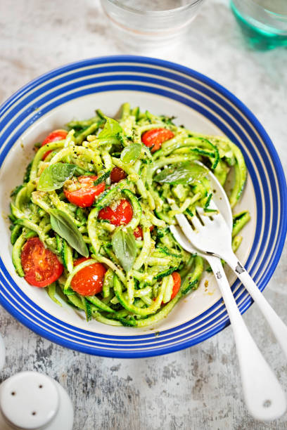 istock Spiralled courgette spaghetti with green pesto and cherry tomatoes 685774114