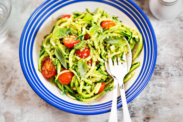 istock Spiralled courgette spaghetti with green pesto and cherry tomatoes 685774128
