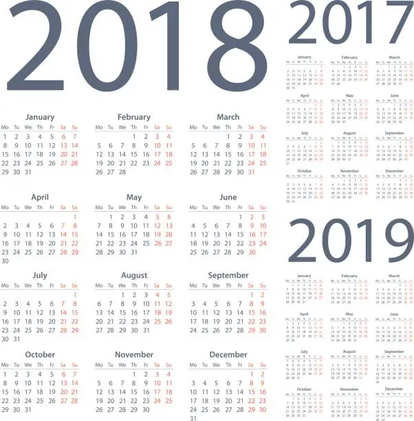 Vector illustration of Calendars 2018 2017 2019 Simple - English European International Version