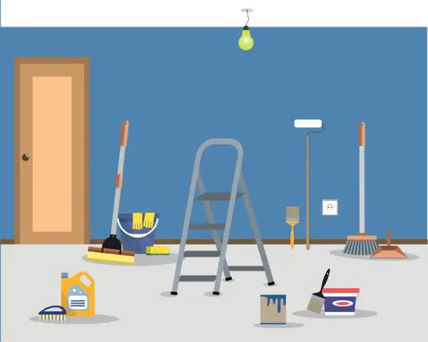 Vector illustration of Room repair in home. Cleaning in the apartment after walls painting