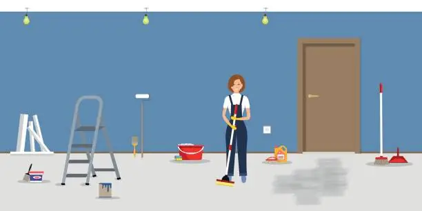 Vector illustration of Room repairing at home. Cleaning in the apartment after walls' painting