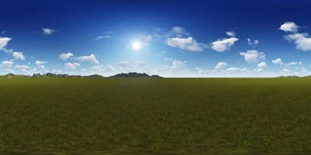 Photo of 360° panorama of a mountains landscape with a grass field