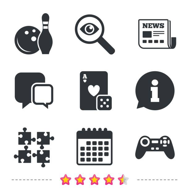 kręgielnia i znaki kasyna. joystick do gier wideo. - symbol icon set interface icons magnifying glass stock illustrations