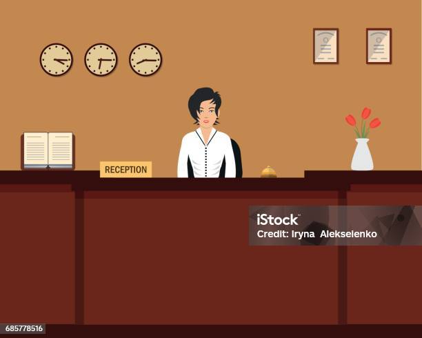 Hotel Reception Young Woman Receptionist Stands At Reception Desk Stock Illustration - Download Image Now