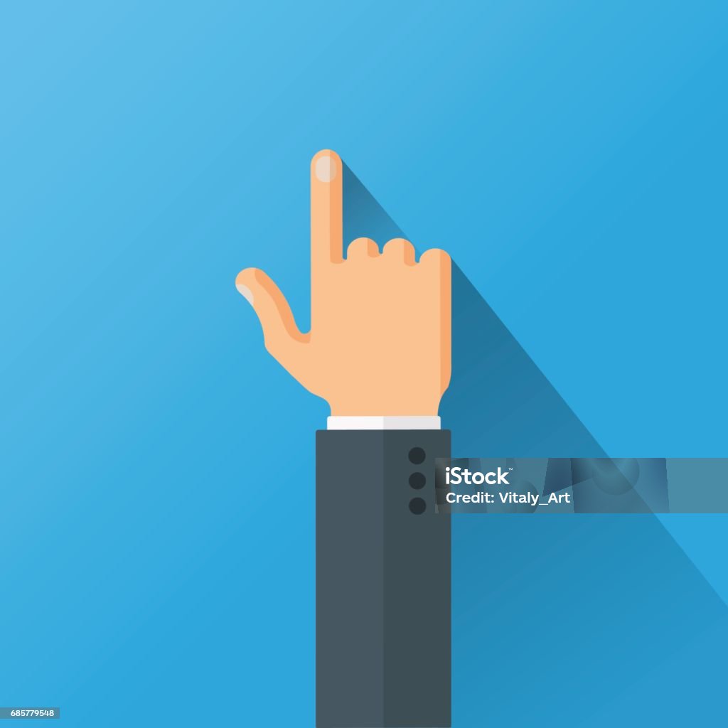 finger wwith shadow final2 Hand with long shadow in the suit pointing with index finger on blue background. Flat style vector illustration. Pointing stock vector