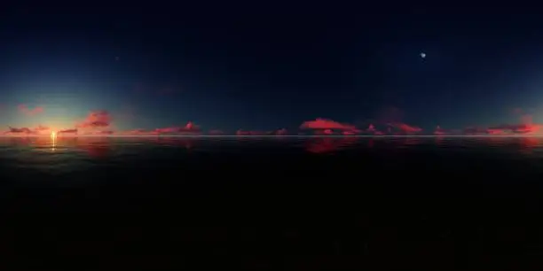 This 3d rendering represents a dark red sunset sky in the sea