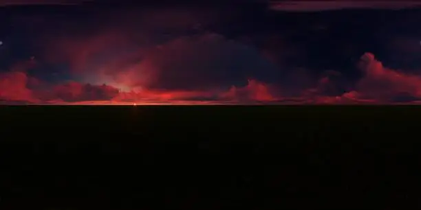 This 3d rendering represents a dark red sunset sky in a grass field
