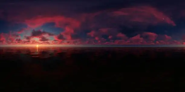 This 3d rendering represents a dark red sunset sky in the sea