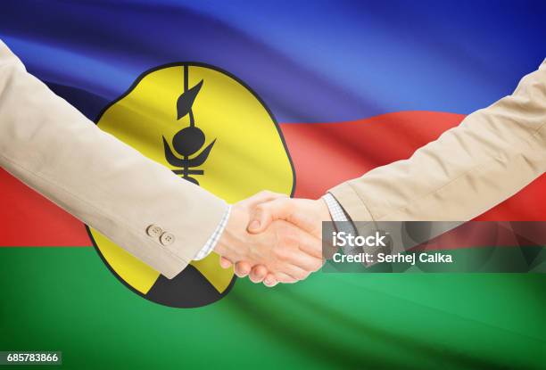 Businessmen Handshake With Flag On Background New Caledonia Stock Photo - Download Image Now