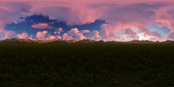 This 3d rendering represents a dark red sunset sky in a grass field