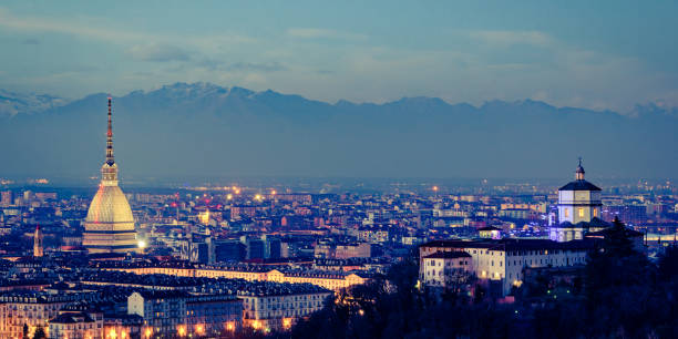istock Torino panorama with Mole Antonelliana and Monte dei Cappuccini vintage effect 685789694