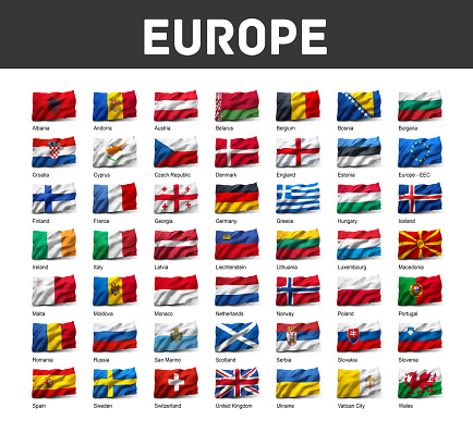 Flags of Europe waving in the wind, isolated on white background