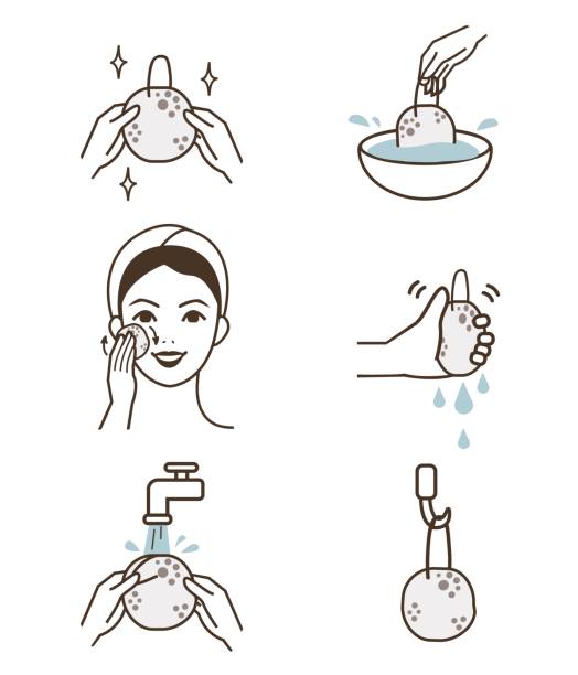 ilustrações, clipart, desenhos animados e ícones de esponja - human face washing cleaning body care