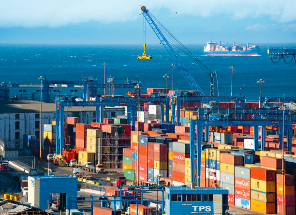 istock Containers ready for shipping, cargoship in background 685793736