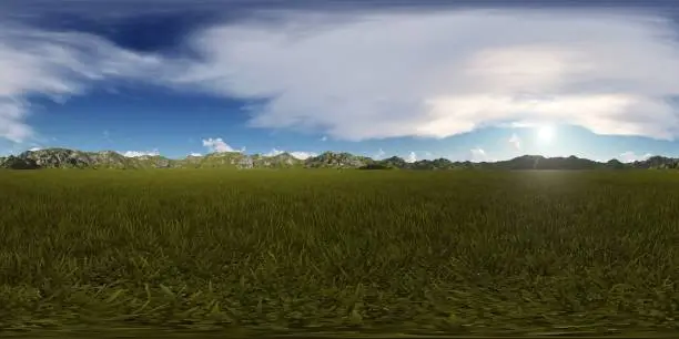 This 3d rendering represents a  morning sky in a grass field