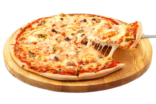 Pizza with seafood, mozzarella, mussels, octopus, squid, salmon, shrimp