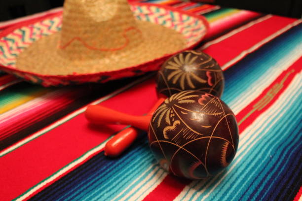 istock Mexico poncho hat maracas background party cinco de mayo decoration 685799558