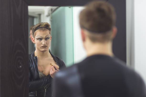 istock Man gets dressed in drag attire in bathroom 685800312