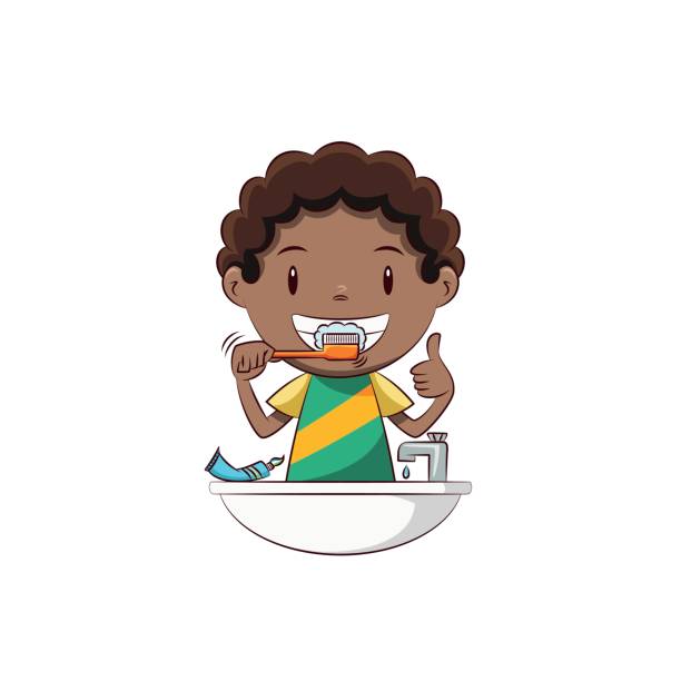 Boy brushing teeth Child brushing teeth, cute kid dental care and health, using toothbrush, toothpaste, sink, young, man, person, happy, cartoon character, vector, illustration, isolated, white background bathroom clipart stock illustrations