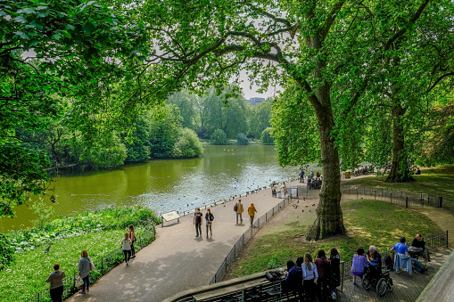 St. James, London - May 11, 2017: view of St. James Park, Westminster, view from the cafe by the lake.