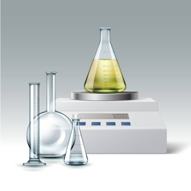 Chemical laboratory equipment Vector set of transparent glass chemical laboratory test tube, empty and full of yellow liquid flasks with electronic balance isolated on background flask funnel stock illustrations
