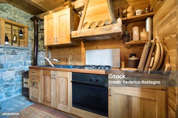 Wooden Kitchen In Rustic Style Stock Photo - Download Image Now - Chalet, Indoors, Kitchen
