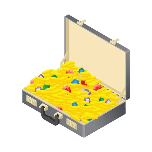 Vector illustration of Suitcase with gold treasure. Case with coins and gems. Ruby and diamond. Sapphire and Emerald. Suitcase wealth