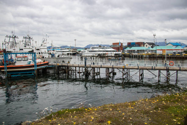 Boats and ships docked along the pier at Ushuaia, with the Martial Mountains in the background.