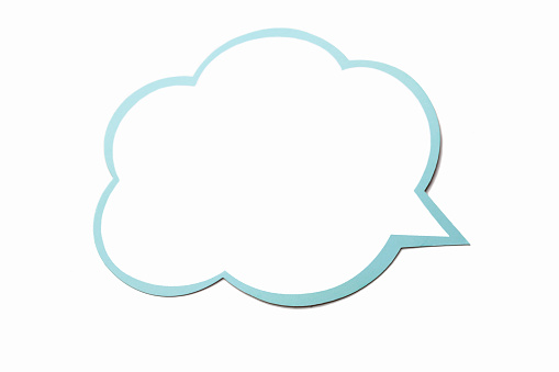 Colorful speech bubble as a cloud with blue border isolated on empty white background. Copy space