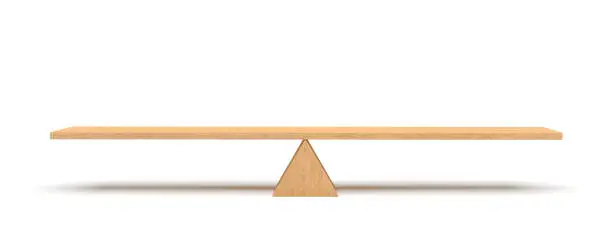 Photo of 3d rendering of a wooden plank balancing on a wooden triangle isolated on white background