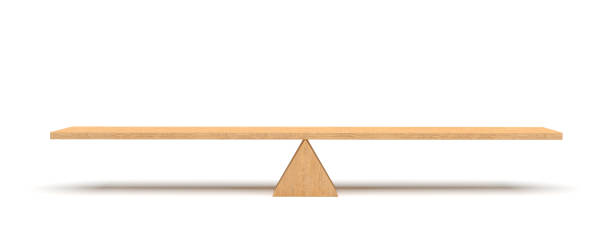 3d визуализация деревянной доски балансировки на деревянном треугольнике изолированы на белом фоне - seesaw стоковые фото и изображения