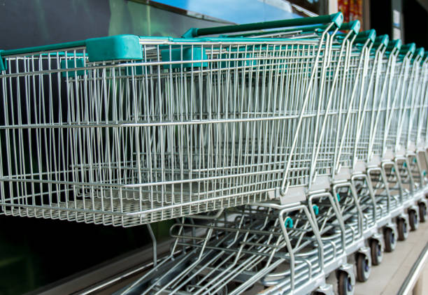 Cart is empty parked in front of supermarkets.